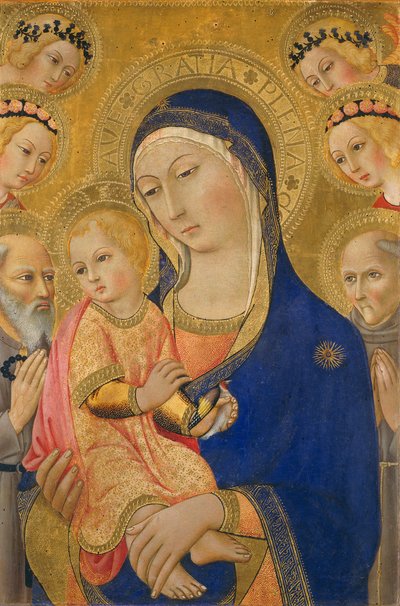 Madonna und Kind mit Heiligen Hieronymus, Heiligen Bernardino und Engeln, um 1460-70 von Sano di Pietro